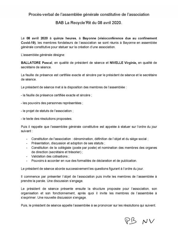 Procès verbal de l’Assemblée générale constitutive – BAB LA RECYCLE'RIT